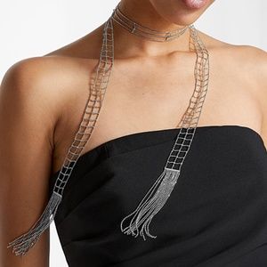 Silvery metallic shiny sparkly beads and fringe scarf necklace NWT